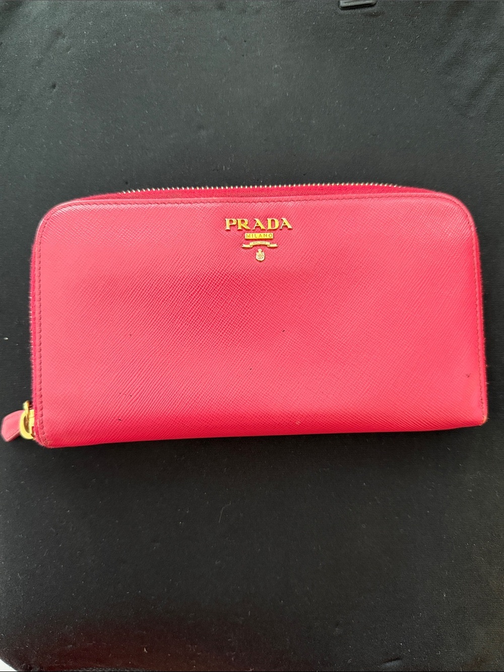 Prada Authentic Saffiano Zip Around Wallet with Gold Hardware
